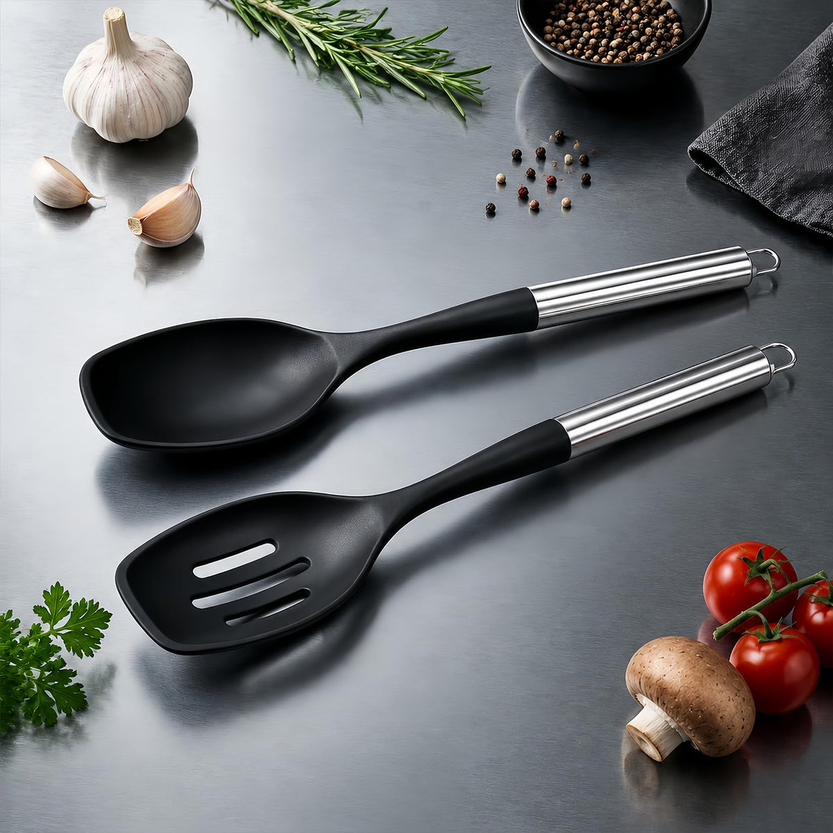 2Pcs Large Silicone Cooking Spoon Set, Nonstick Serving Spoons for Cooking, Solid and Slotted Spatula Spoons with Stainless Steel Handle, Heat Resistan Silicone Utensil Set(Black/Silver)