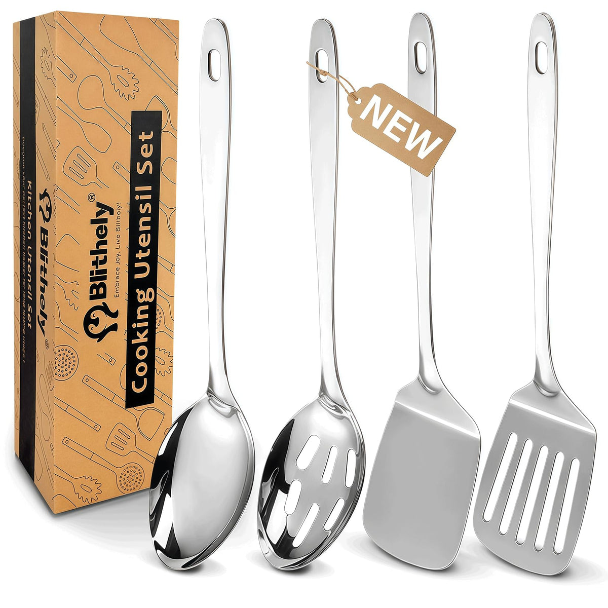 Stainless Steel Spatula Spoon Set, 4PCS Large Cooking Utensils Set with Thickened Edge, Heat Resistant Cooking Spatula Set, Metal Solid and Slotted Turners, Serving Spoon