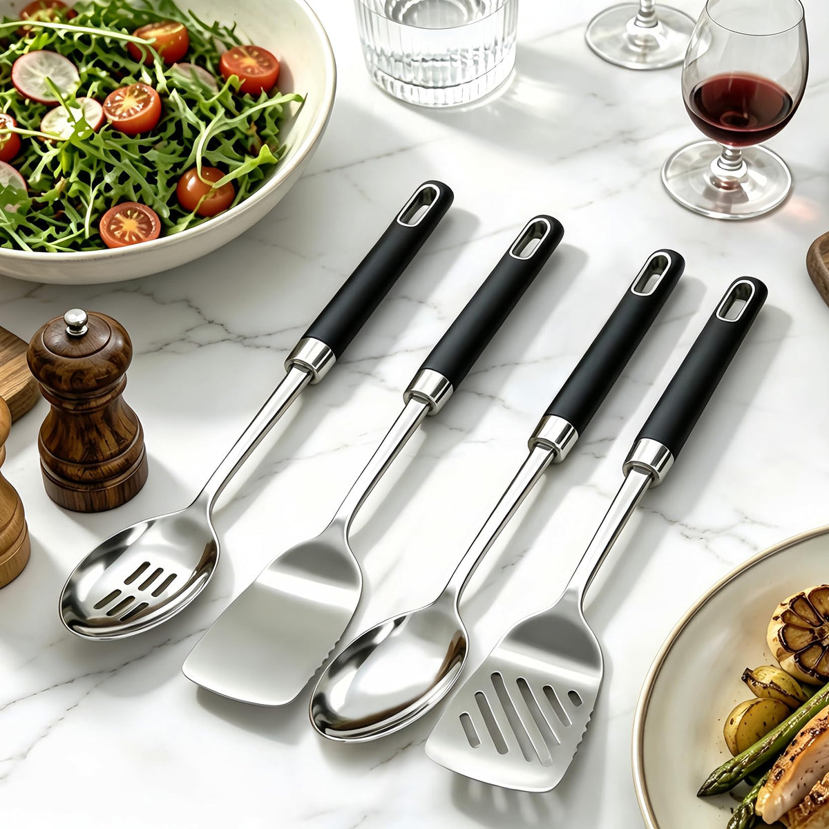 4PCS Stainless Steel Cooking Spatula Spoon Set, Metal Cooking Utensils Set with Anti-Scald Handle, Heat Resistant Kitchen Utensils Set with Turners, Serving Spoon, Ladle, Skimmer, Pasta Server
