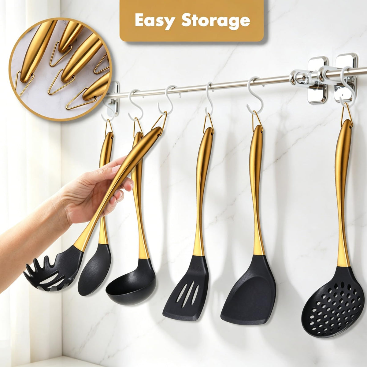Silicone Cooking Utensils Set, 17pcs Kitchen Utensil Set with Rotatable Holder, Heat-Resistant Silicone Utensils for Cooking, Non-Stick Spatula Set with Stainless Steel Handle,Turner,Ladle (Gold)