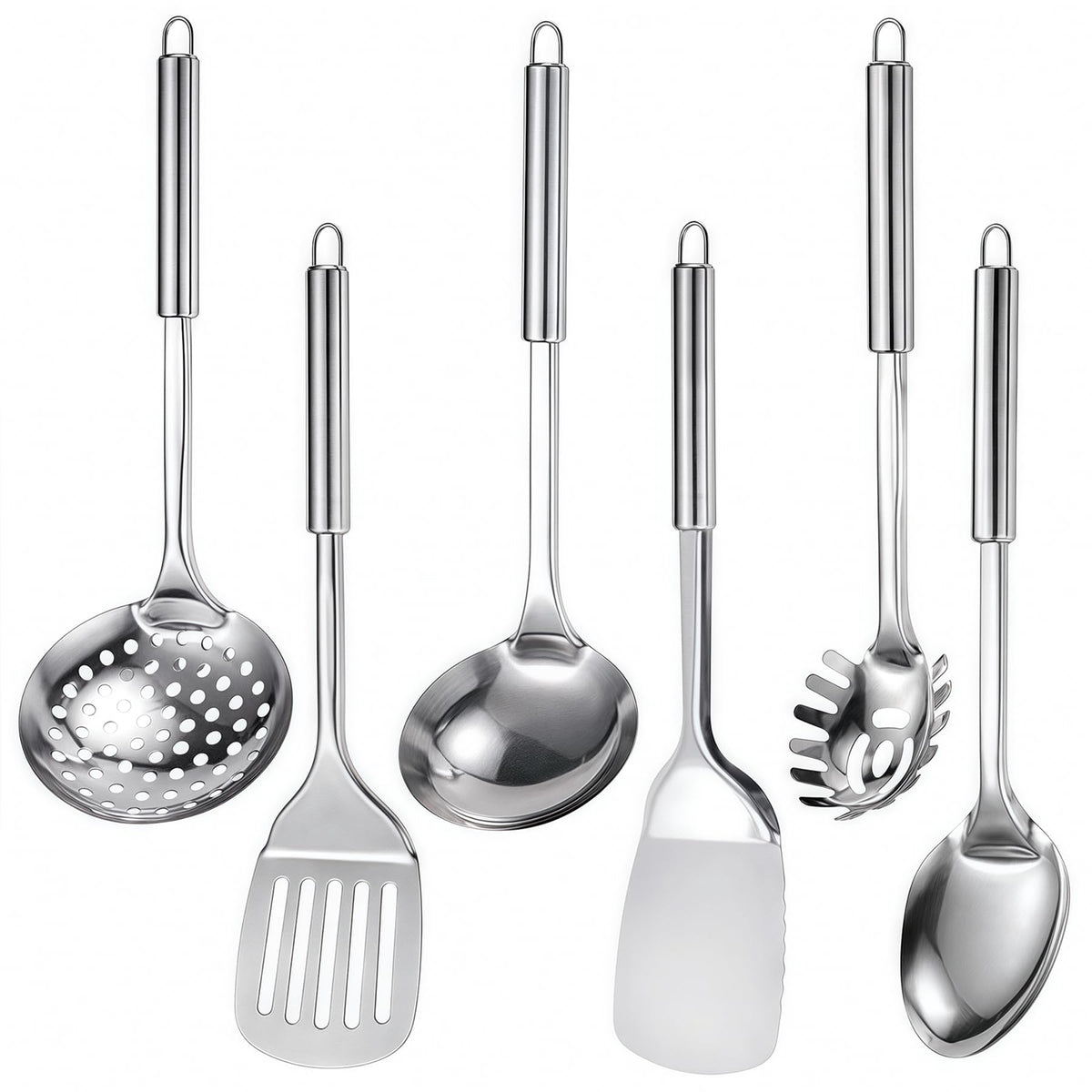 Stainless Steel Kitchen Utensils Set, 6 PCS Metal Cooking Utensils Set, Heat Resistant Cooking Spatula Spoon Set with Turners, Serving Spoon, Ladle, Skimmer, Pasta Server