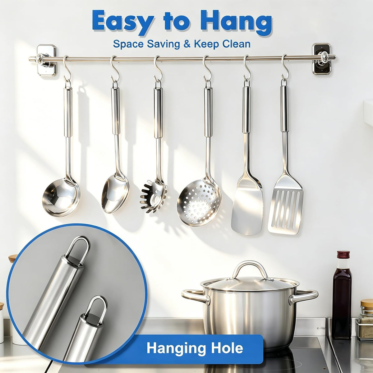 Cooking Utensils Set 11pcs - Stainless Steel Kitchen Utensils Set with Holder, Heat Resistant Kitchen Utensils Sets for Cooking with Turners, Potato Masher, Skimmer, Spoons, Ladle, Tongs, Whisk