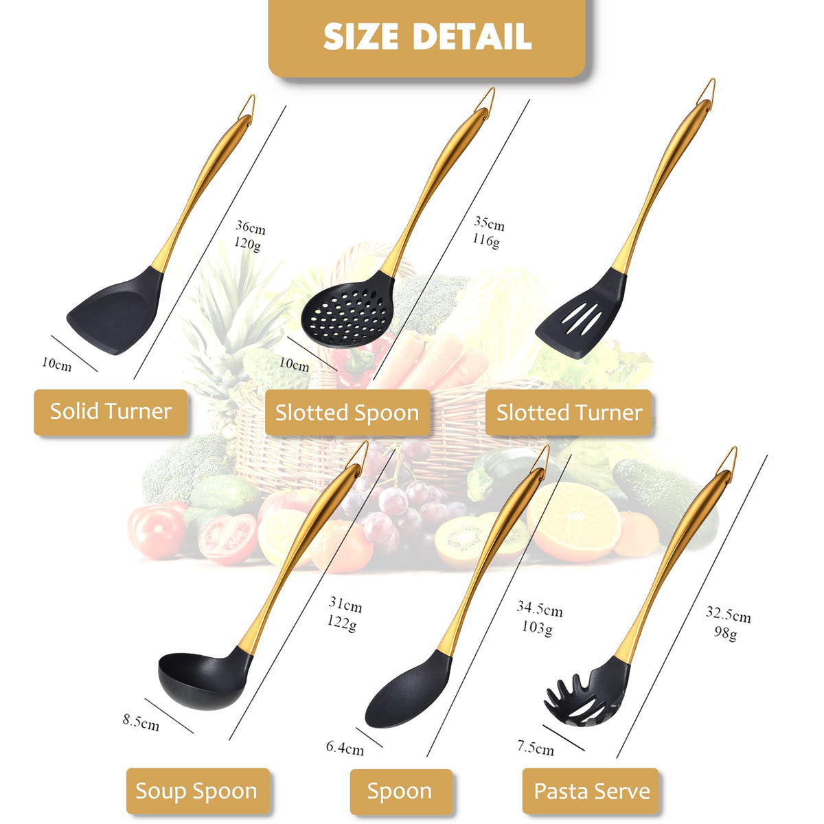 Silicone Cooking Utensils Set, 9Pcs Kitchen Utensil Set with Stainless Steel Handle, Heat-Resistant Silicone Utensils for Cooking, Non-Stick Spatula Set with Spoons, Turners, Ladle (Gold)