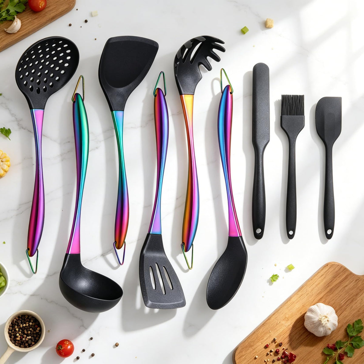 Silicone Cooking Utensils Set, 9Pcs Kitchen Utensil Set with Stainless Steel Handle, Heat-Resistant Silicone Utensils for Cooking, Non-Stick Spatula Set with Spoons, Turners, Ladle (Rainbow)