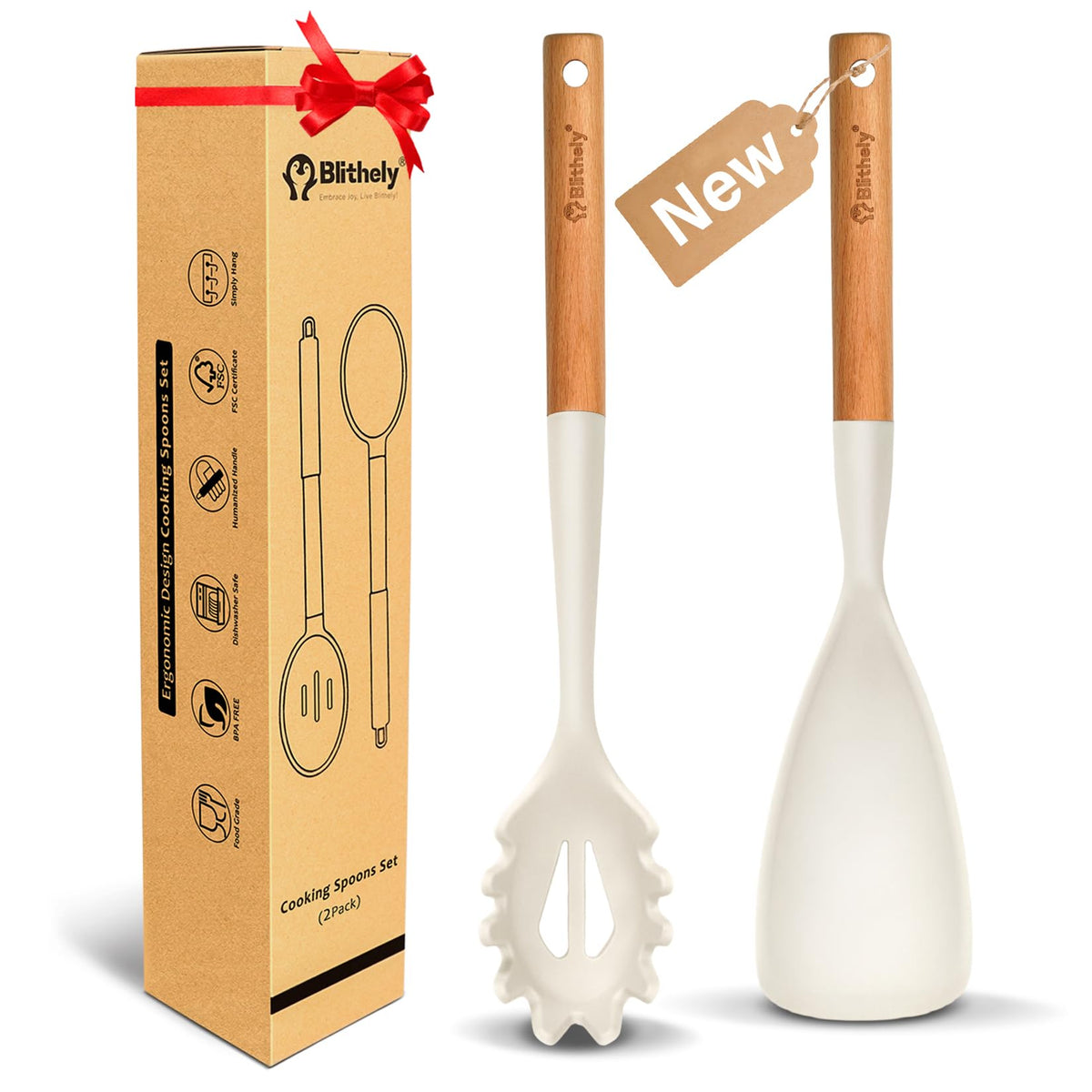 Silicone Cooking Spoon and Pasta Fork Set, 2 Pack Large Spatula Spoons Set with Wooden Handle, Nonstick Multifunction Spoon for Cooking, Serving, Mixing and Spaghetti (White)
