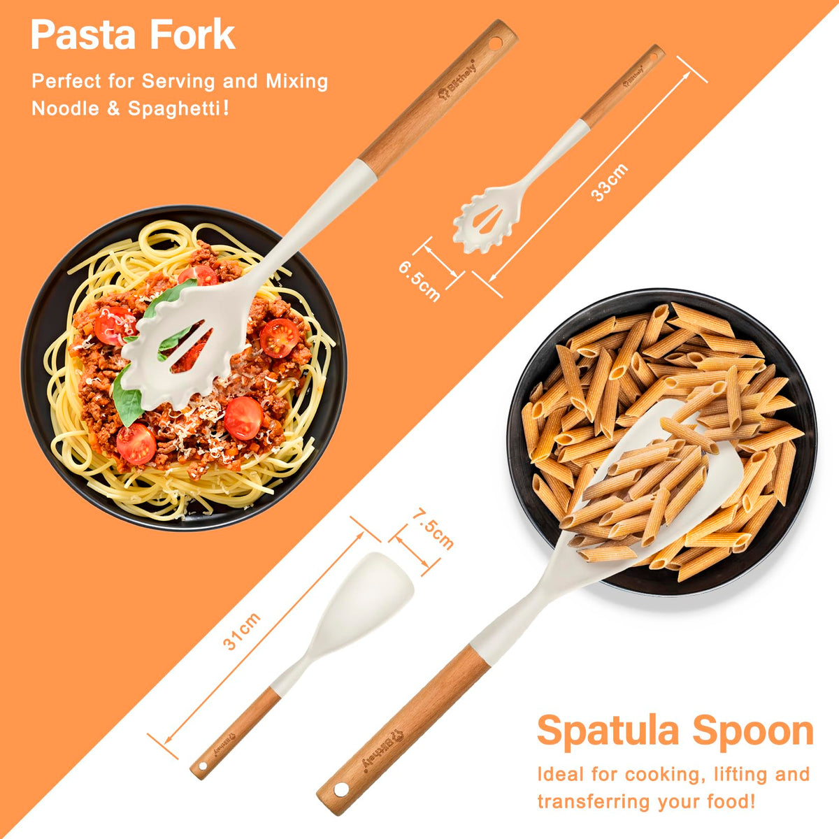 Silicone Cooking Spoon and Pasta Fork Set, 2 Pack Large Spatula Spoons Set with Wooden Handle, Nonstick Multifunction Spoon for Cooking, Serving, Mixing and Spaghetti (White)