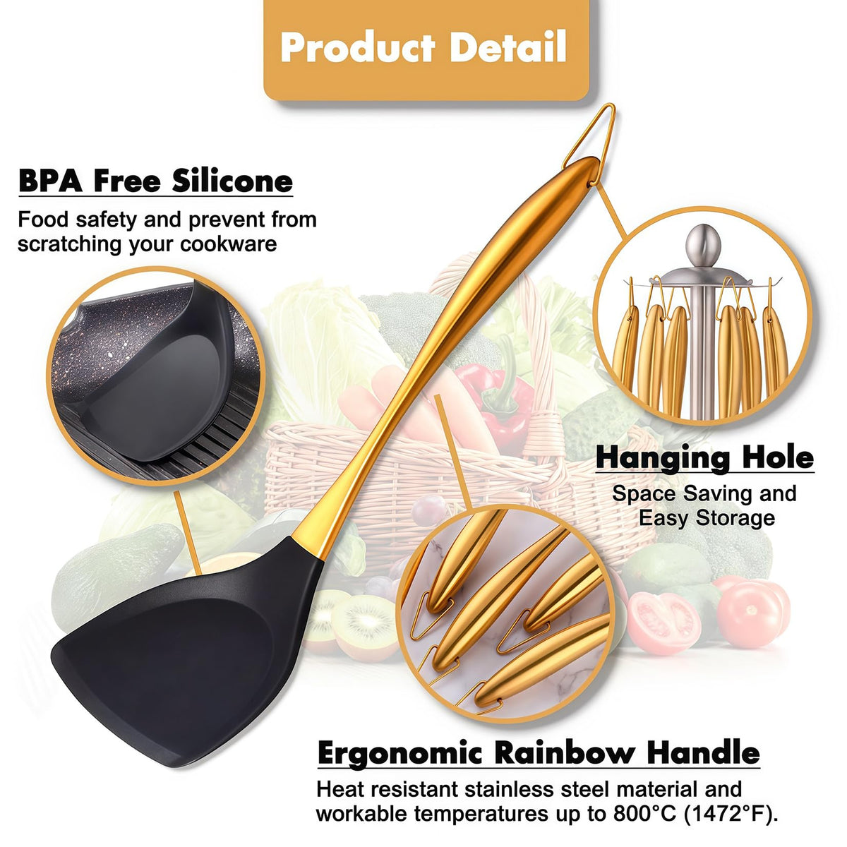 Silicone Cooking Utensils Set, 17pcs Kitchen Utensil Set with Rotatable Holder, Heat-Resistant Silicone Utensils for Cooking, Non-Stick Spatula Set with Stainless Steel Handle,Turner,Ladle (Gold)