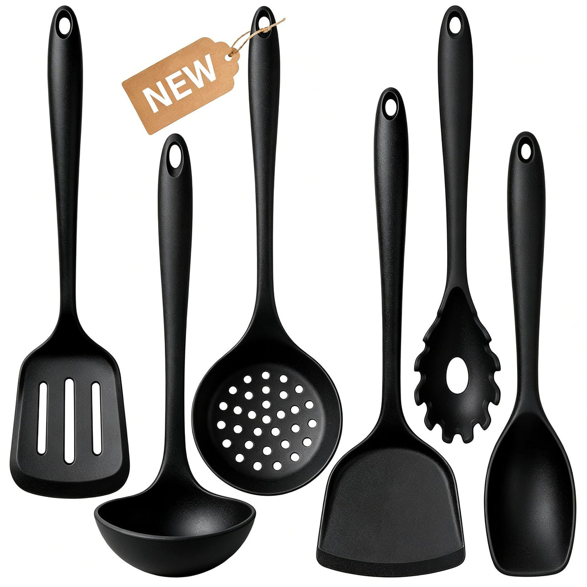 Thickened Silicone Kitchen Utensils Set, Upgrade 6 PCS Nonstick Cooking Utensils Set, Heat Resistant and BPA Free Silicone Utensil Spatula Set for Cooking with Turners, Spoon, Skimmer and Ladle(Black)