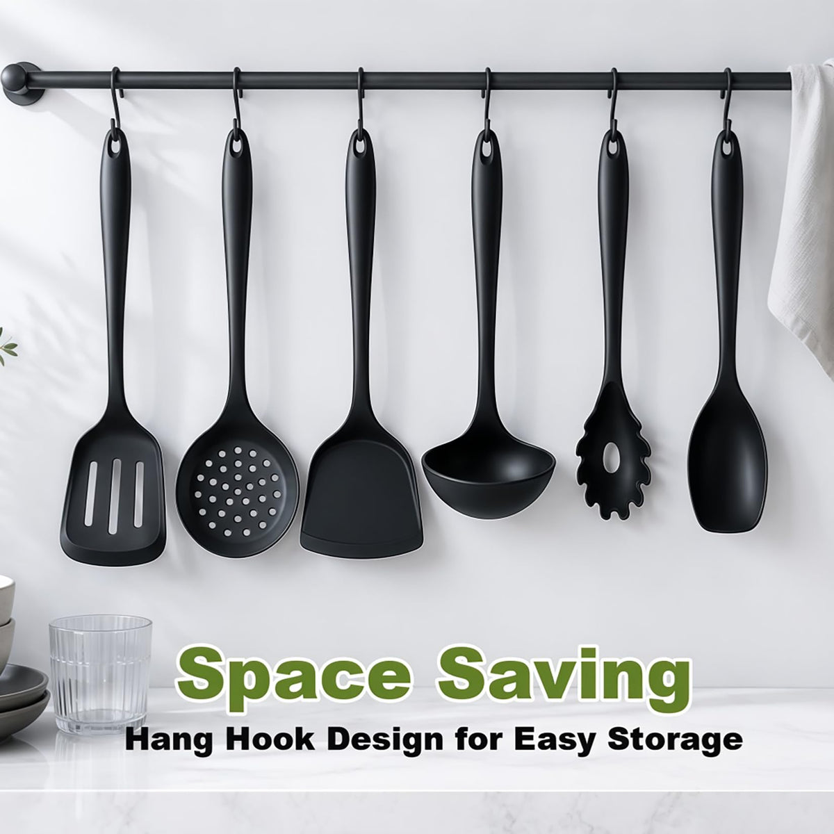 Thickened Silicone Kitchen Utensils Set, Upgrade 6 PCS Nonstick Cooking Utensils Set, Heat Resistant and BPA Free Silicone Utensil Spatula Set for Cooking with Turners, Spoon, Skimmer and Ladle(Black)