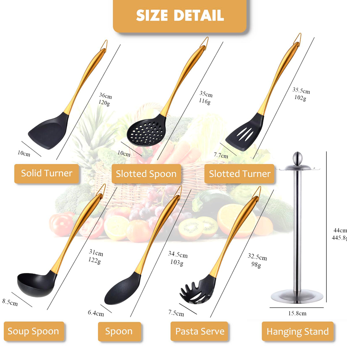 Silicone Cooking Utensils Set, 17pcs Kitchen Utensil Set with Rotatable Holder, Heat-Resistant Silicone Utensils for Cooking, Non-Stick Spatula Set with Stainless Steel Handle,Turner,Ladle (Gold)
