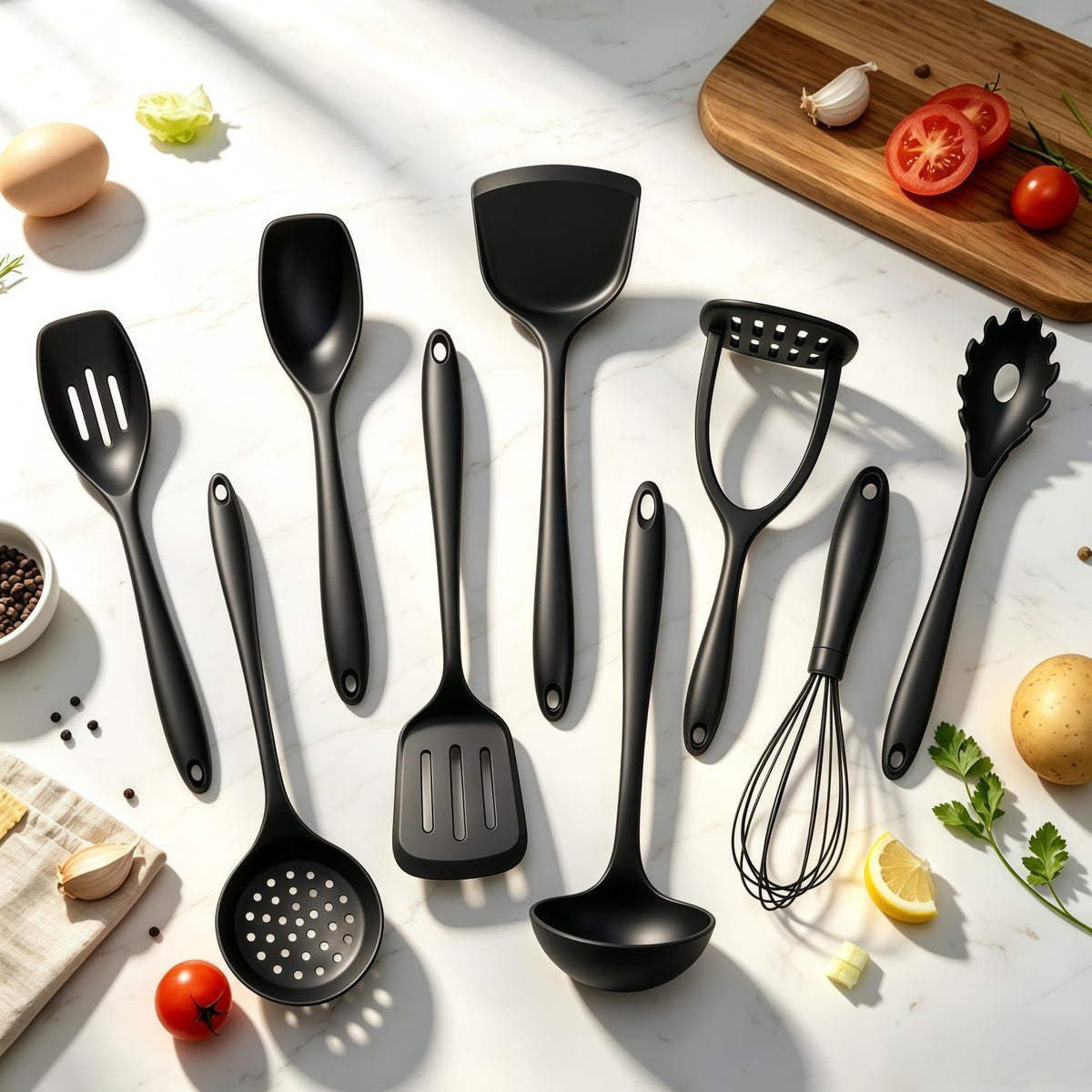 Thickened Silicone Cooking Utensils Set, 10Pcs Nonstick Kitchen Utensil Set with Solid Handle, Heat Resistant Silicone Spatula Set for Cooking, BPA Free Utensils Set with Potato Masher(Black)