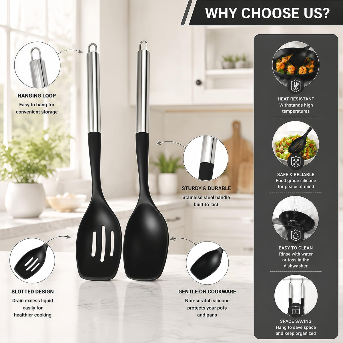 2Pcs Large Silicone Cooking Spoon Set, Nonstick Serving Spoons for Cooking, Solid and Slotted Spatula Spoons with Stainless Steel Handle, Heat Resistan Silicone Utensil Set(Black/Silver)