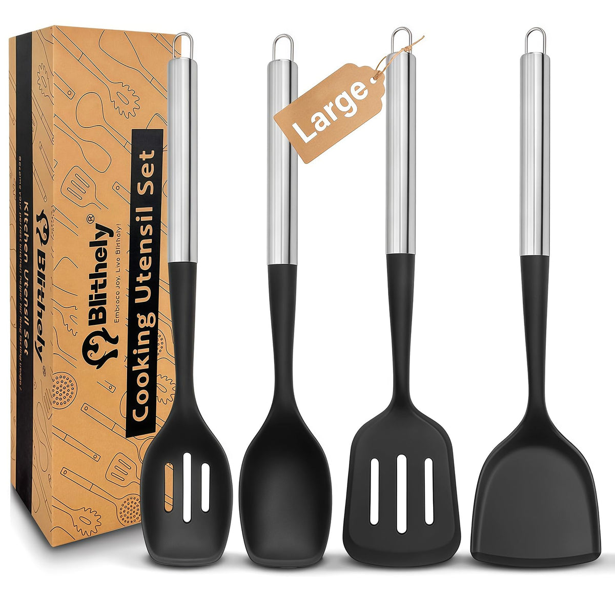 4PCS Silicone Spatula Spoon Set, Large Silicone Cooking Utensils Set with Stainless Steel Handle, Heat Resistant Cooking Spatula Set, Nonstick Solid and Slotted Turners, Serving Spoon (Black Silver)