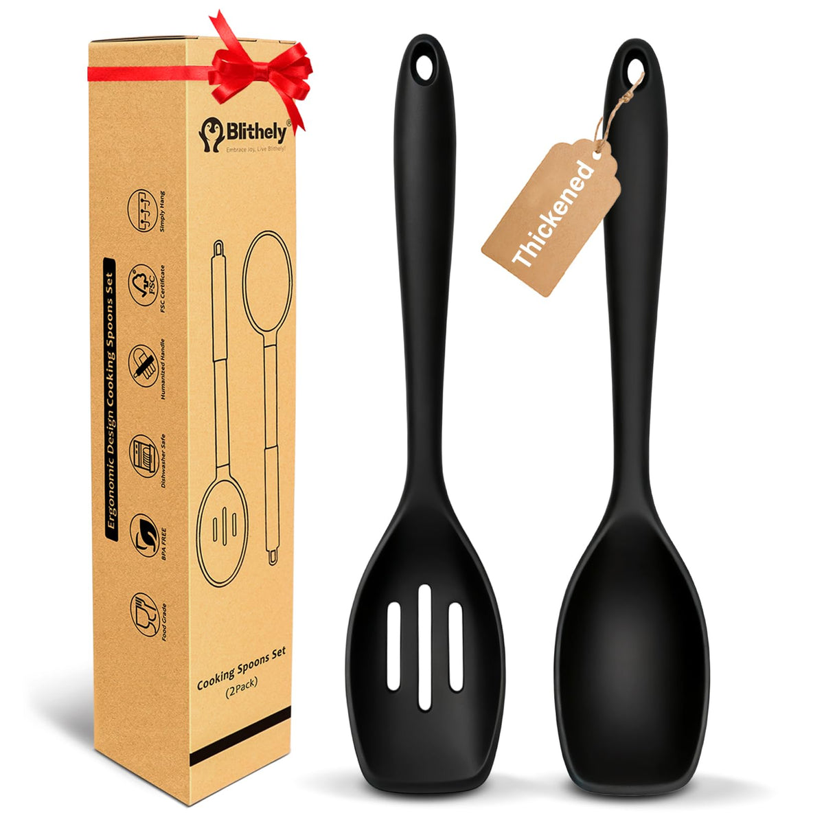 2PCS Thickened Silicone Cooking Spoon Set, Solid & Slotted Serving Spoons with Integrated Silicone Handles, Heat Resistant Nonstick Kitchen Utensils for Cooking(Black)