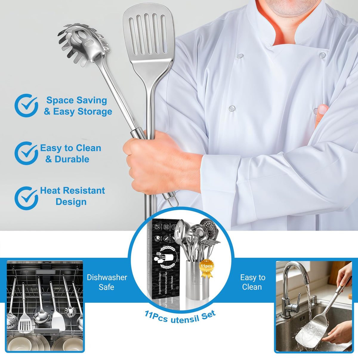 Cooking Utensils Set 11pcs - Stainless Steel Kitchen Utensils Set with Holder, Heat Resistant Kitchen Utensils Sets for Cooking with Turners, Potato Masher, Skimmer, Spoons, Ladle, Tongs, Whisk