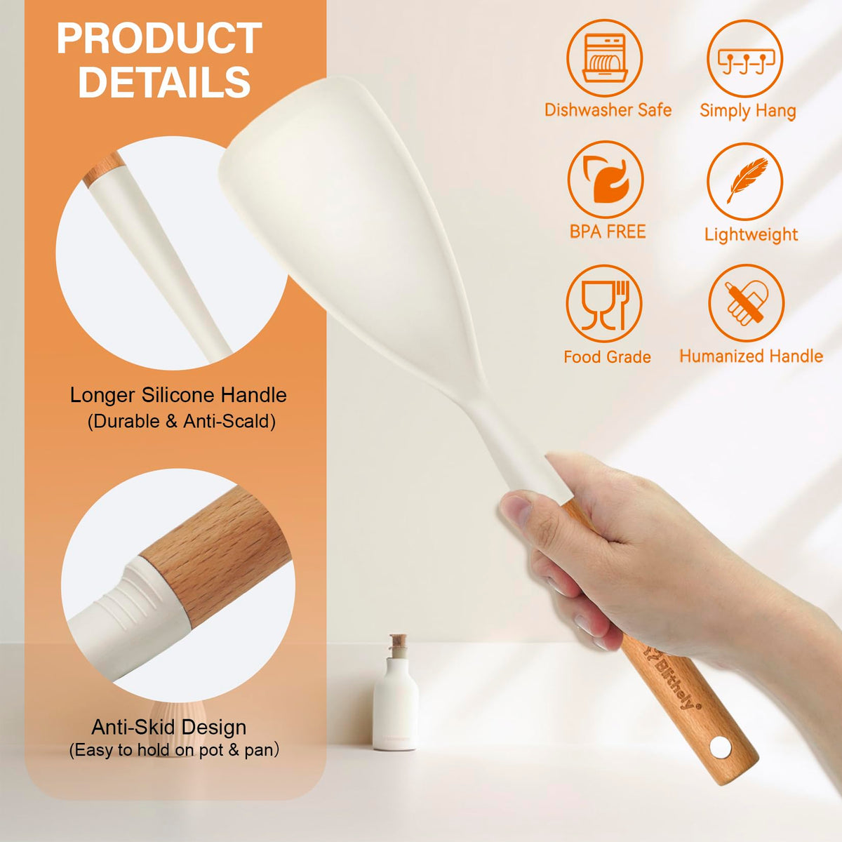 Silicone Cooking Spoon and Pasta Fork Set, 2 Pack Large Spatula Spoons Set with Wooden Handle, Nonstick Multifunction Spoon for Cooking, Serving, Mixing and Spaghetti (White)