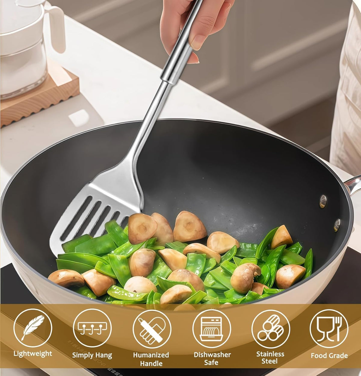 Kitchen Utensils Set, 10 PCS Stainless Steel Utensils Set for Cooking, Heat Resistant Spatula Cooking Utensils Set with Turners, Serving Spoon, Ladle, Skimmer, Pasta Fork