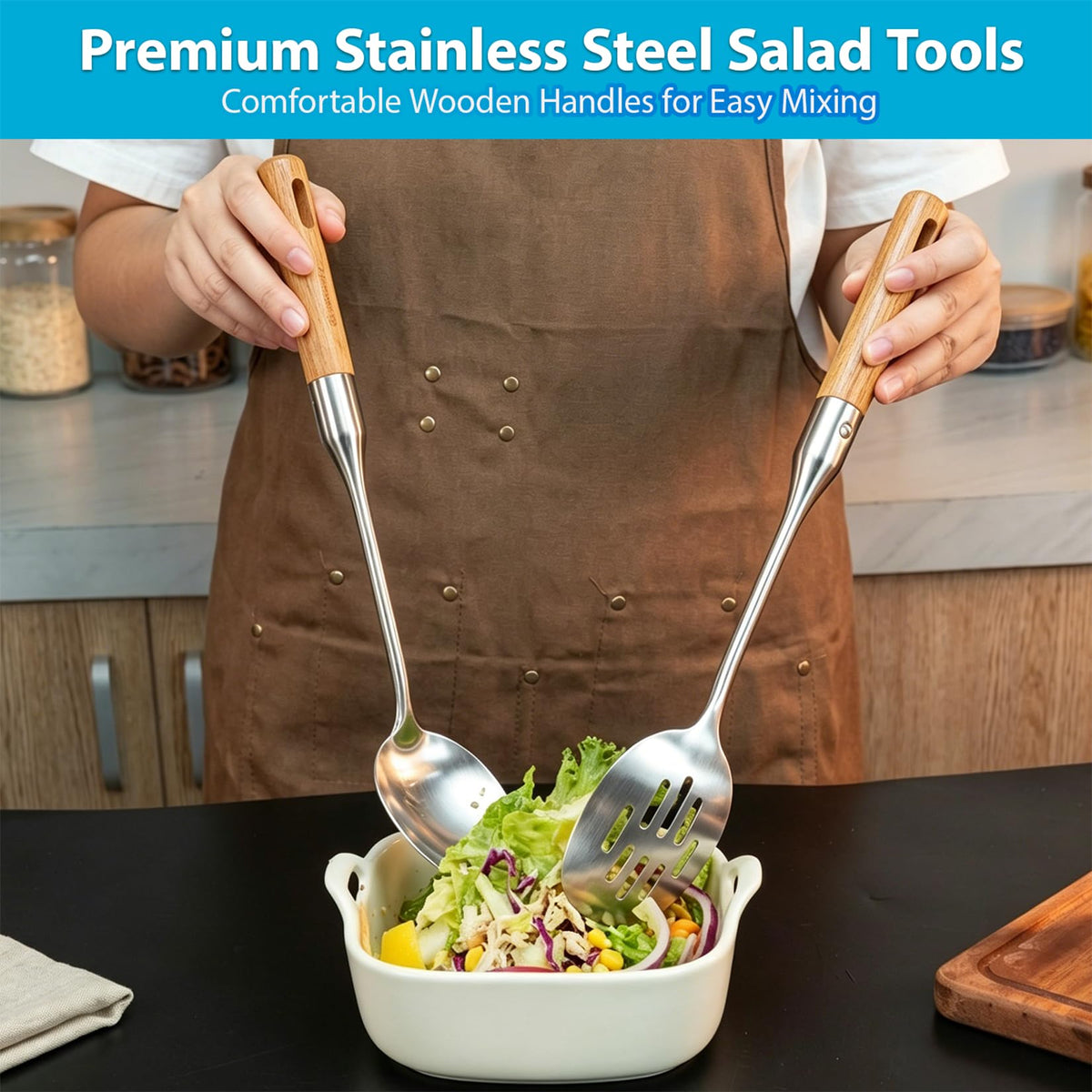 Stainless Steel Cooking Utensils Set with Wooden Handle, 7 Pcs Long Kitchen Utensil Set Stainless Steel, Heat Resistant Metal Spatula Set for Cooking with Turners, Skimmer, Ladle, Pasta Fork