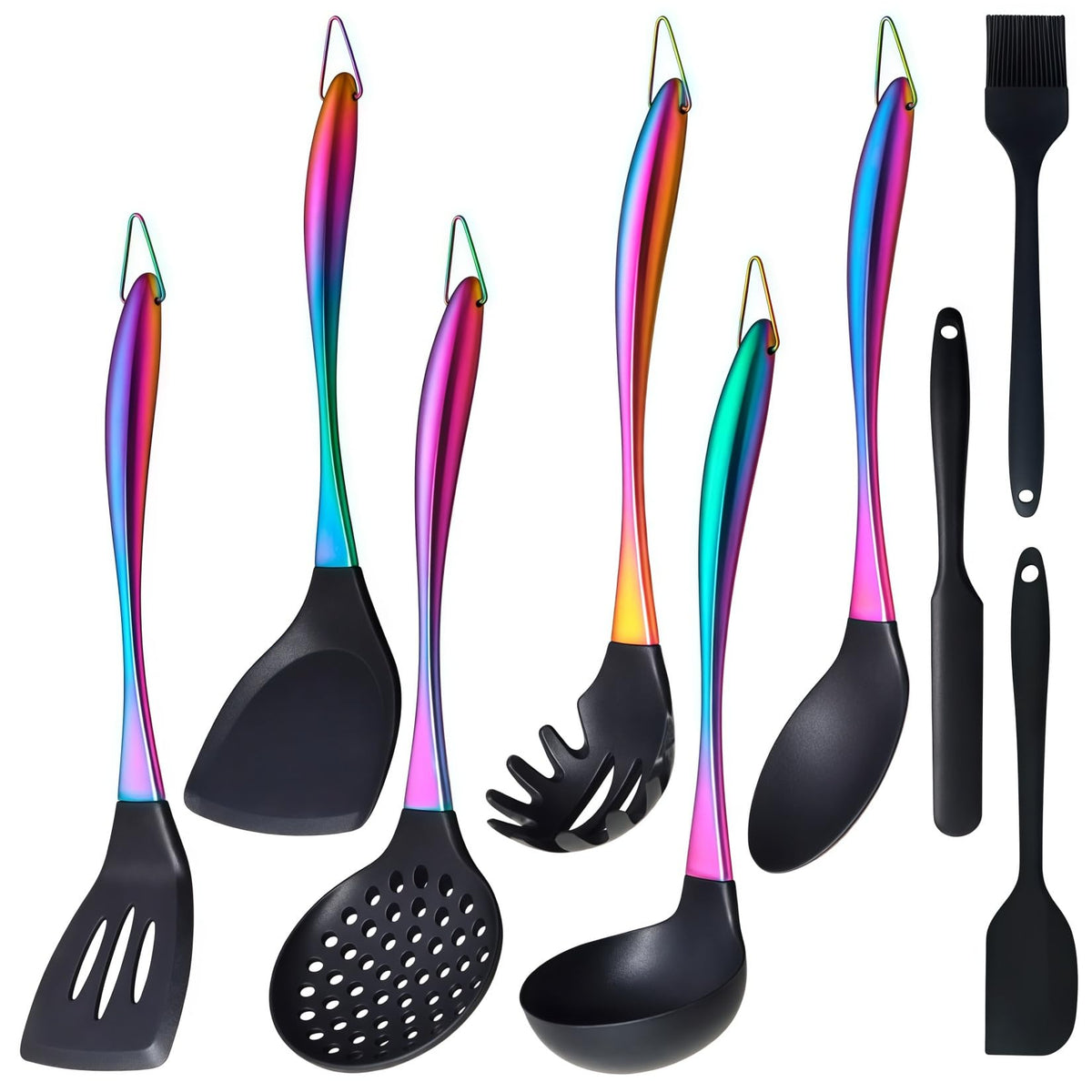 Silicone Cooking Utensils Set, 9Pcs Kitchen Utensil Set with Stainless Steel Handle, Heat-Resistant Silicone Utensils for Cooking, Non-Stick Spatula Set with Spoons, Turners, Ladle (Rainbow)