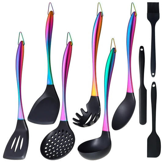 Silicone Cooking Utensils Set, 9Pcs Kitchen Utensil Set with Stainless Steel Handle, Heat-Resistant Silicone Utensils for Cooking, Non-Stick Spatula Set with Spoons, Turners, Ladle (Rainbow)