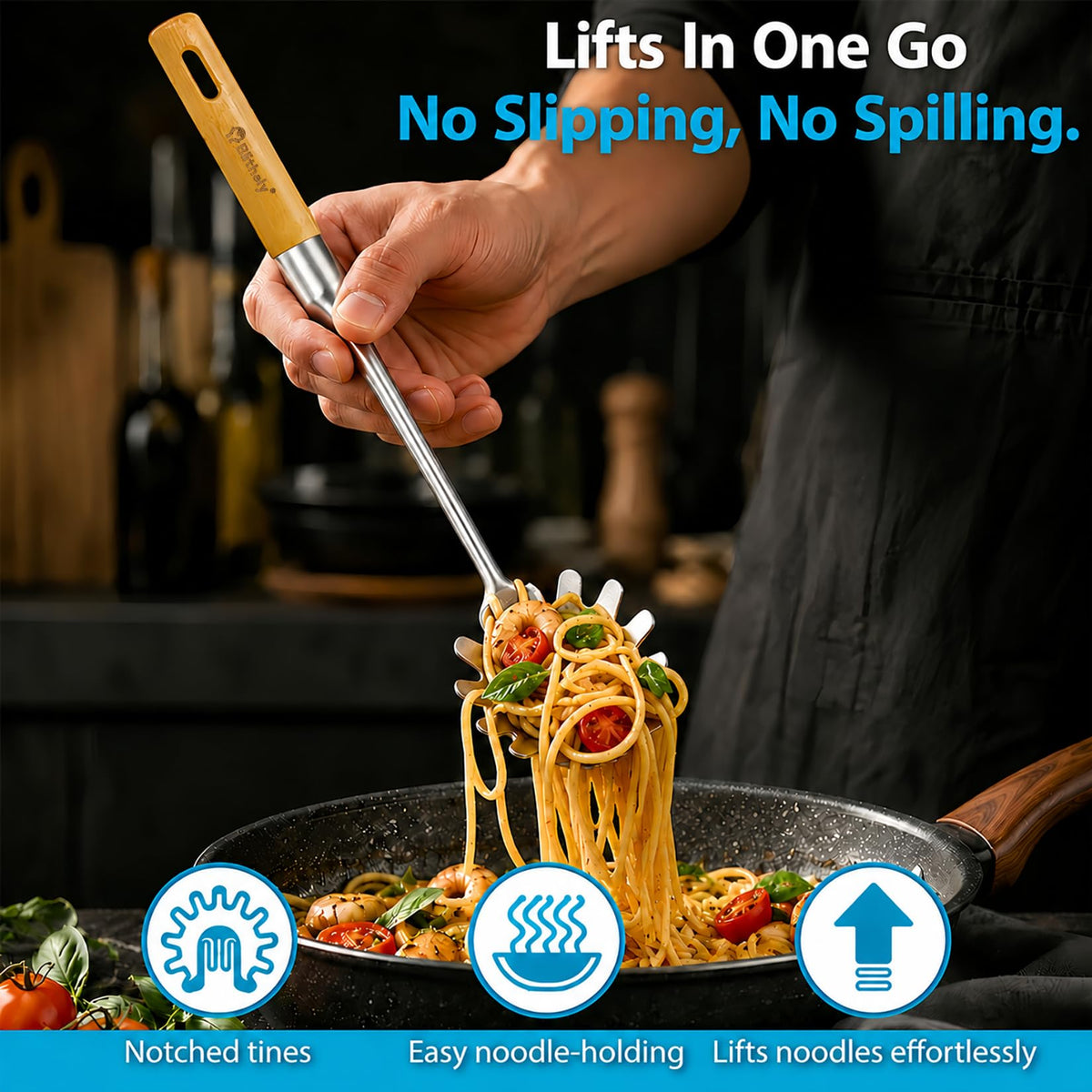 Stainless Steel Cooking Utensils Set with Wooden Handle, 7 Pcs Long Kitchen Utensil Set Stainless Steel, Heat Resistant Metal Spatula Set for Cooking with Turners, Skimmer, Ladle, Pasta Fork