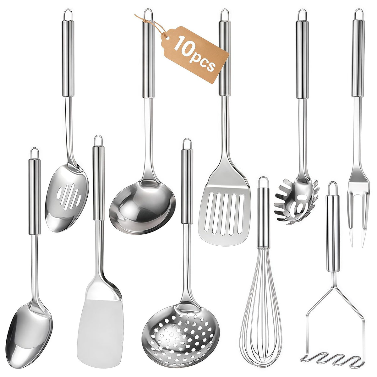 Kitchen Utensils Set, 10 PCS Stainless Steel Utensils Set for Cooking, Heat Resistant Spatula Cooking Utensils Set with Turners, Serving Spoon, Ladle, Skimmer, Pasta Fork