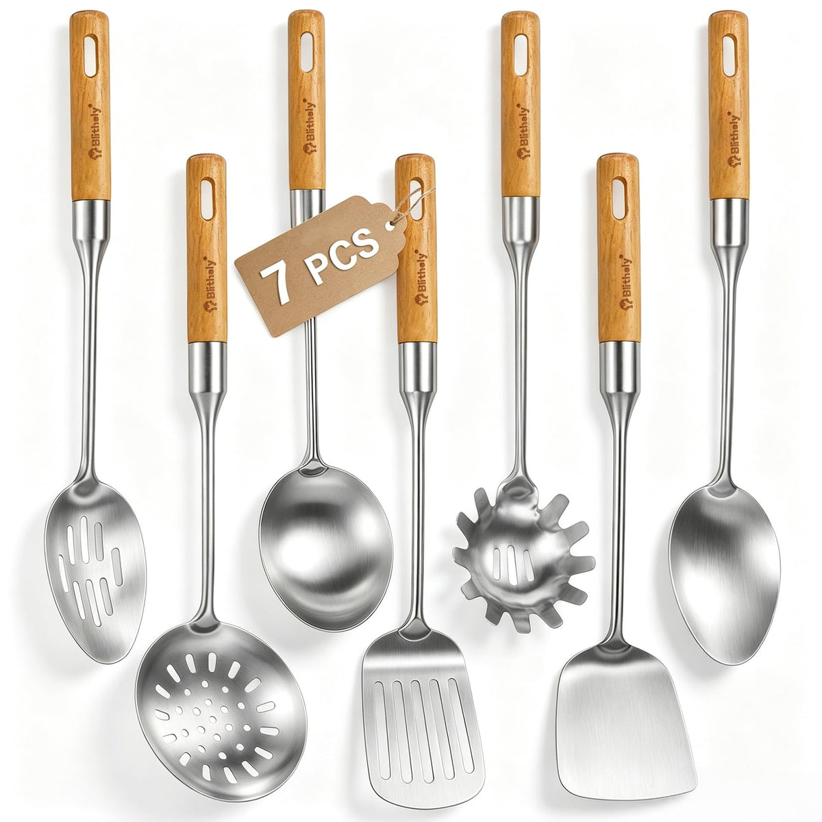 Stainless Steel Cooking Utensils Set with Wooden Handle, 7 Pcs Long Kitchen Utensil Set Stainless Steel, Heat Resistant Metal Spatula Set for Cooking with Turners, Skimmer, Ladle, Pasta Fork