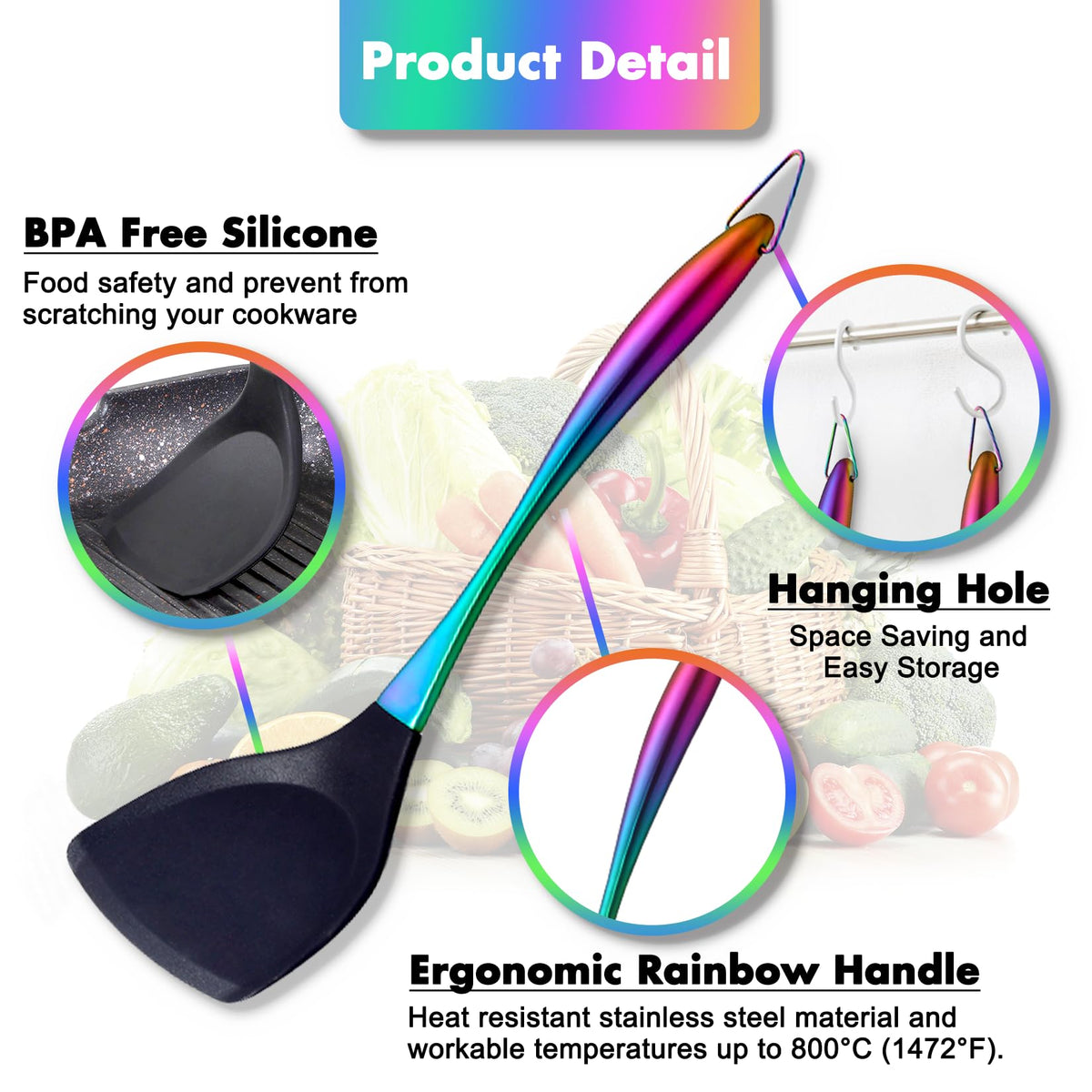 Silicone Cooking Utensils Set, 9Pcs Kitchen Utensil Set with Stainless Steel Handle, Heat-Resistant Silicone Utensils for Cooking, Non-Stick Spatula Set with Spoons, Turners, Ladle (Rainbow)