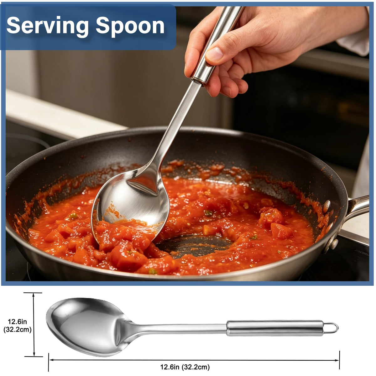 Large Cooking Spoon and Pasta Fork Set, 2 Pack Stainless Steel Serving Spoon, Heat Resistant Kitchen Noodle Spoon for Cooking, Serving, Mixing and Spaghett