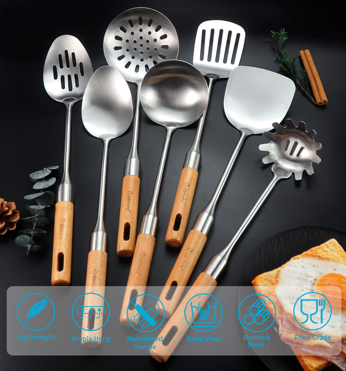 Stainless Steel Cooking Utensils Set with Wooden Handle, 7 Pcs Long Kitchen Utensil Set Stainless Steel, Heat Resistant Metal Spatula Set for Cooking with Turners, Skimmer, Ladle, Pasta Fork