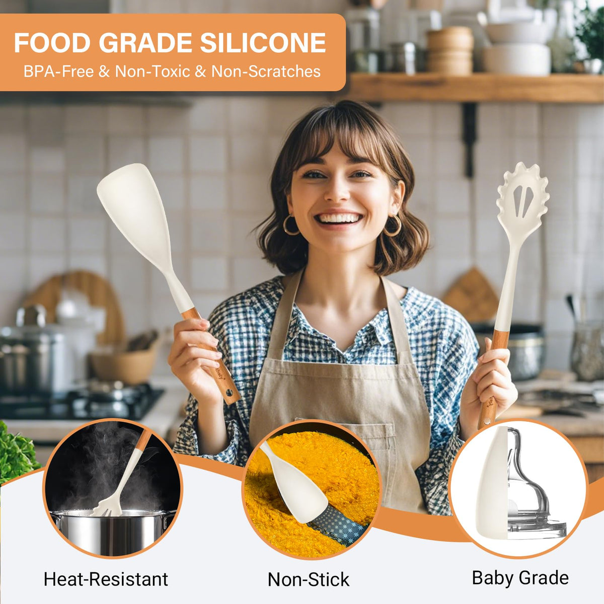 Silicone Cooking Spoon and Pasta Fork Set, 2 Pack Large Spatula Spoons Set with Wooden Handle, Nonstick Multifunction Spoon for Cooking, Serving, Mixing and Spaghetti (White)