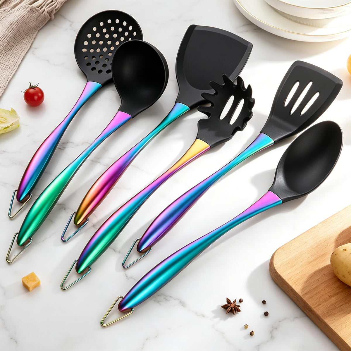 Silicone Cooking Utensils Set, 9Pcs Kitchen Utensil Set with Stainless Steel Handle, Heat-Resistant Silicone Utensils for Cooking, Non-Stick Spatula Set with Spoons, Turners, Ladle (Rainbow)