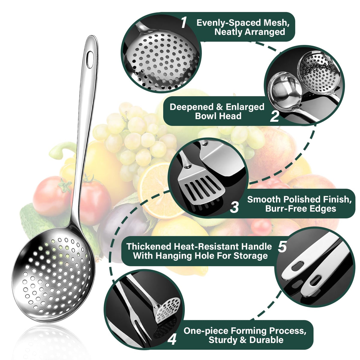 9PCS Stainless Steel Cooking Utensils Set, Large Metal Kitchen Utensils Set with Thickened Edge, Heat Resistant Spatula Turners Set with Ladle, Turners, Spoons, Skimmer
