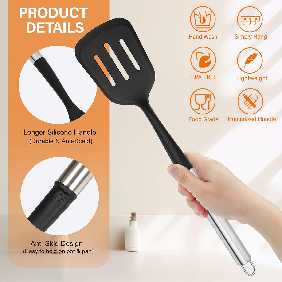 Large Silicone Kitchen Utensils Set, 6 PCS Nonstick Cooking Utensils Set with Stainless Steel Handle, Heat Resistant Silicone Utensil Spatula Set for Cooking with Turner, Spoon and Ladle(Black/Silver)