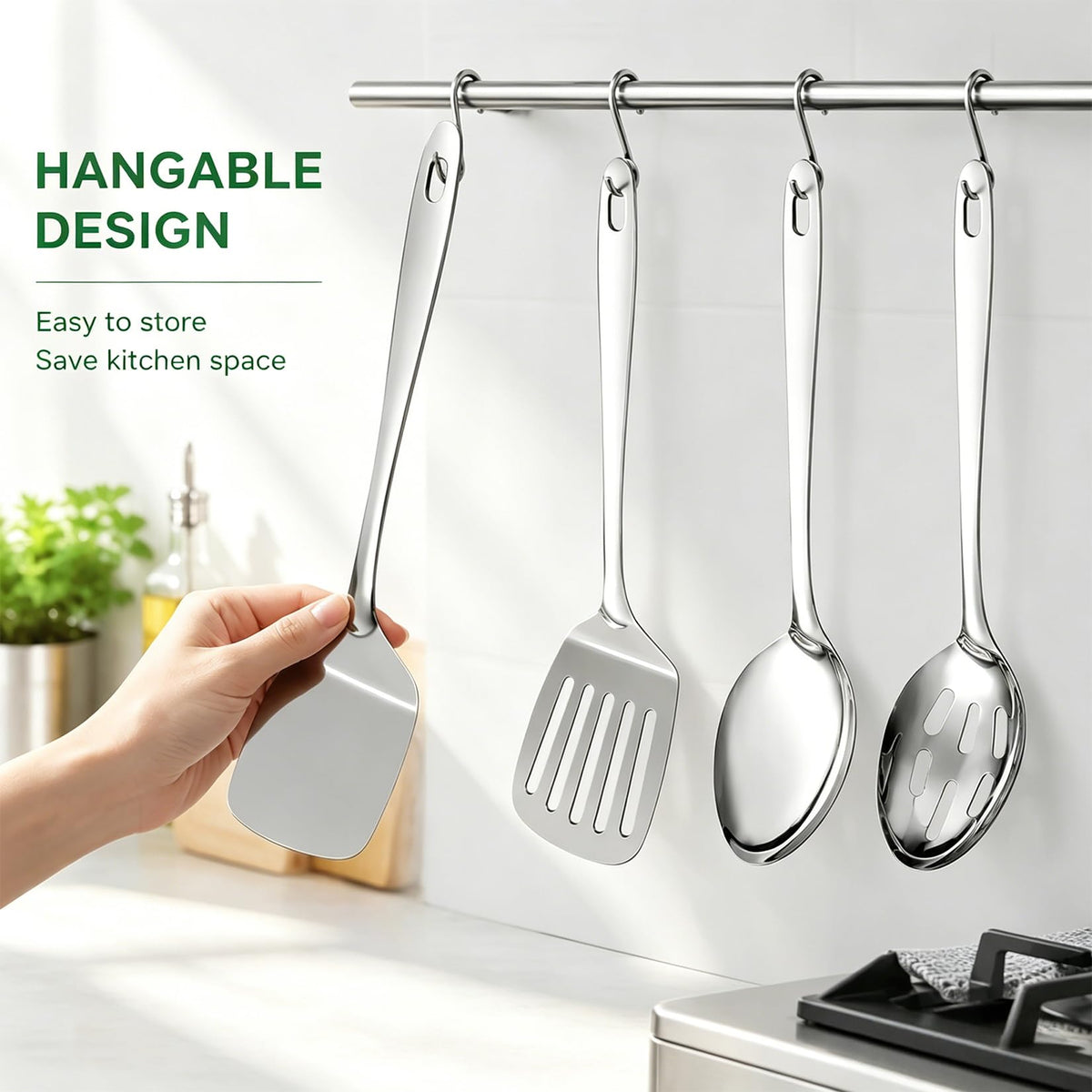 Stainless Steel Spatula Spoon Set, 4PCS Large Cooking Utensils Set with Thickened Edge, Heat Resistant Cooking Spatula Set, Metal Solid and Slotted Turners, Serving Spoon
