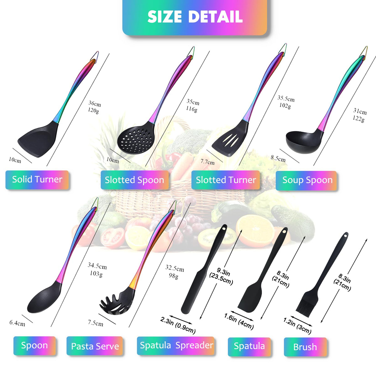 Silicone Cooking Utensils Set, 9Pcs Kitchen Utensil Set with Stainless Steel Handle, Heat-Resistant Silicone Utensils for Cooking, Non-Stick Spatula Set with Spoons, Turners, Ladle (Rainbow)