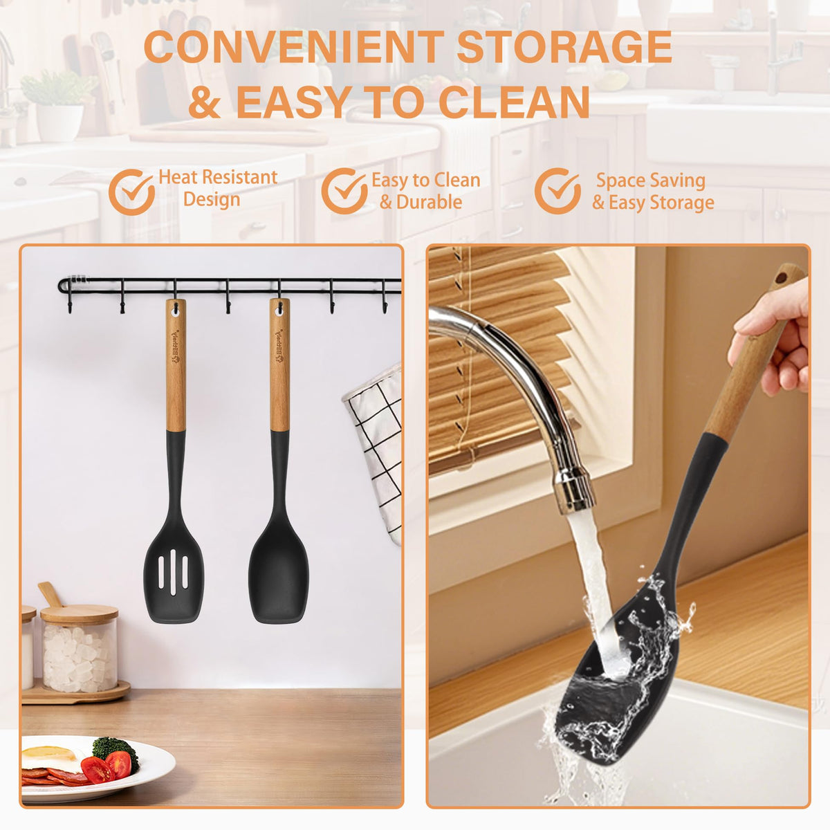 4PCS Silicone Cooking Utensils Set, Large Nonstick Spatula Spoons Set with Wooden Handle, Silicone Cooking Spatula Set, Heat Resistant Solid and Slotted Turners, Serving Spoon(Black)