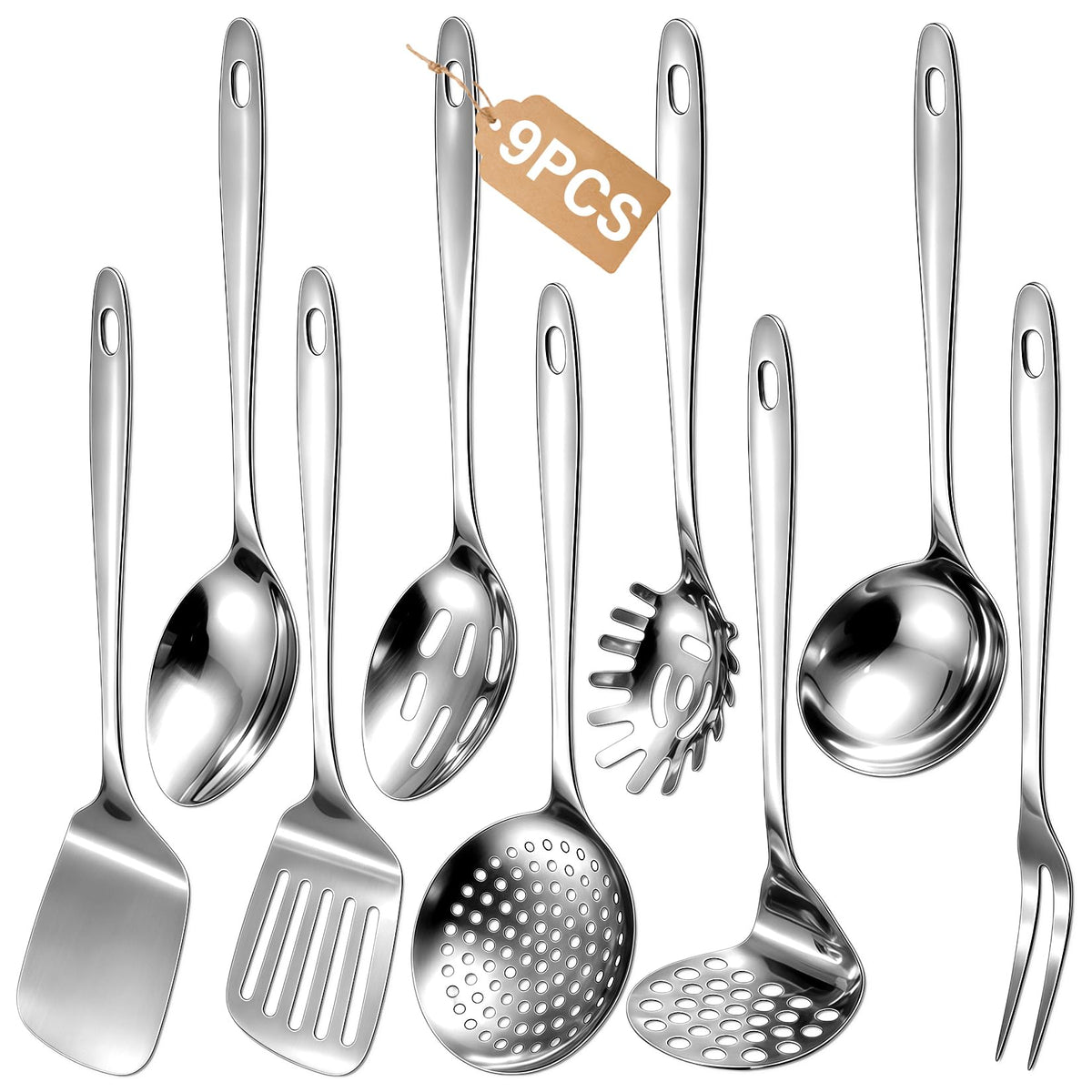 9PCS Stainless Steel Cooking Utensils Set, Large Metal Kitchen Utensils Set with Thickened Edge, Heat Resistant Spatula Turners Set with Ladle, Turners, Spoons, Skimmer