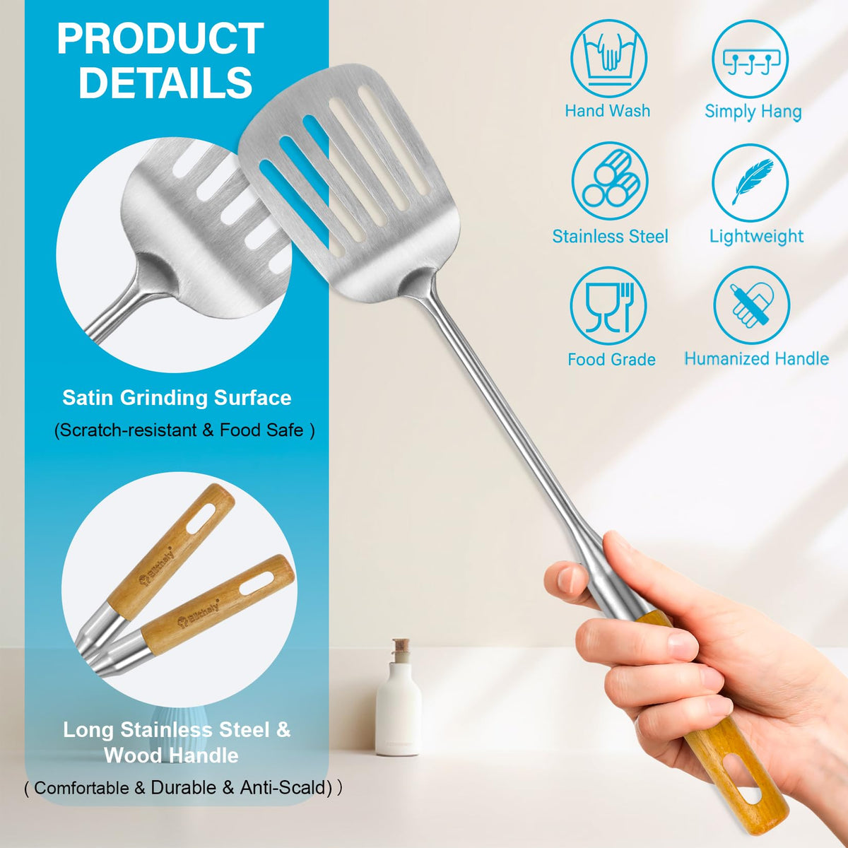 Stainless Steel Cooking Utensils Set with Wooden Handle, 7 Pcs Long Kitchen Utensil Set Stainless Steel, Heat Resistant Metal Spatula Set for Cooking with Turners, Skimmer, Ladle, Pasta Fork