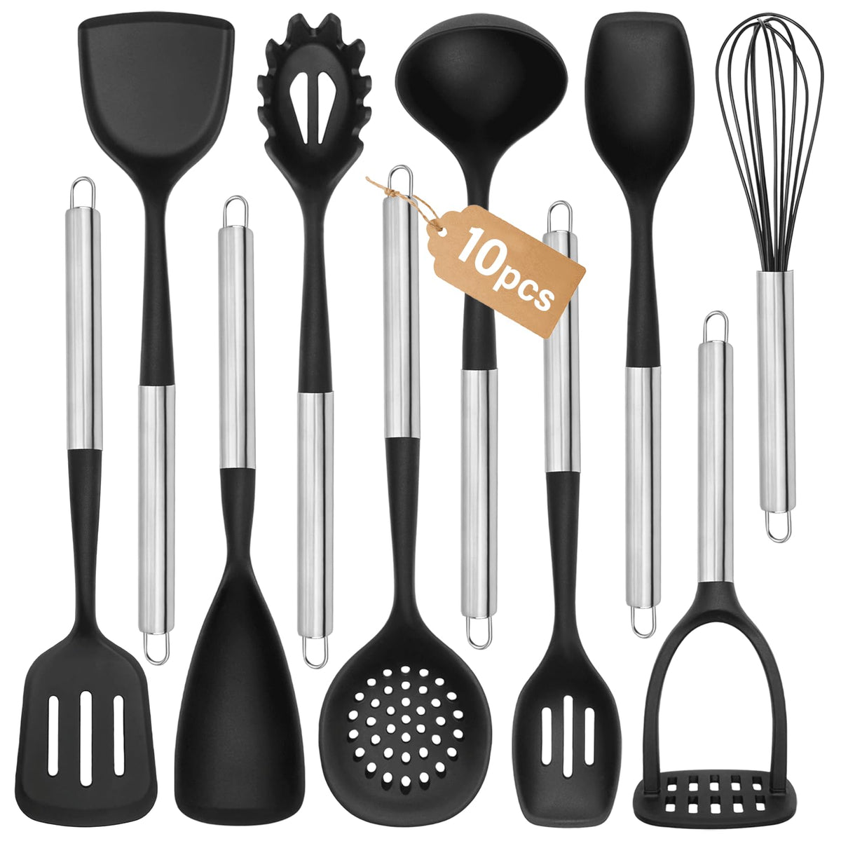 Large Silicone Cooking Utensils Set, 10Pcs Nonstick Kitchen Utensil Set with Stainless Steel Handle, BPA Free Spatula Set with Turners Spoon Ladle Skimmer(Black/Silver)