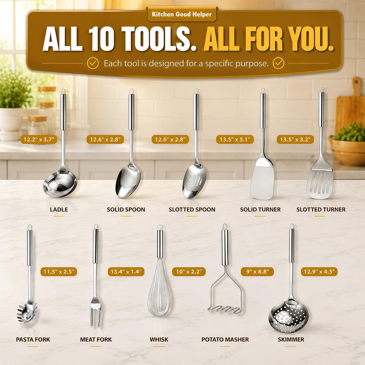 Kitchen Utensils Set, 10 PCS Stainless Steel Utensils Set for Cooking, Heat Resistant Spatula Cooking Utensils Set with Turners, Serving Spoon, Ladle, Skimmer, Pasta Fork