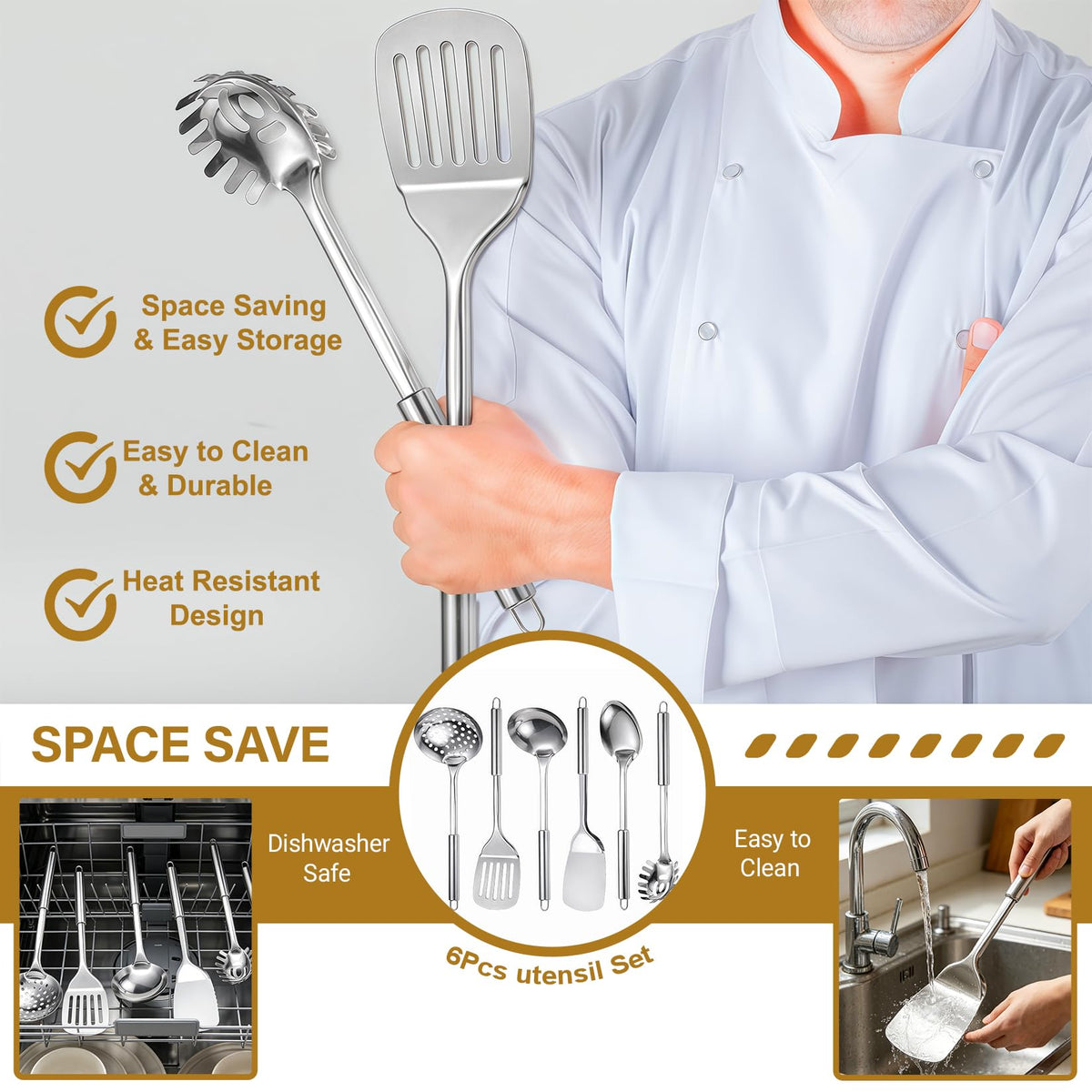 Kitchen Utensils Set, 10 PCS Stainless Steel Utensils Set for Cooking, Heat Resistant Spatula Cooking Utensils Set with Turners, Serving Spoon, Ladle, Skimmer, Pasta Fork