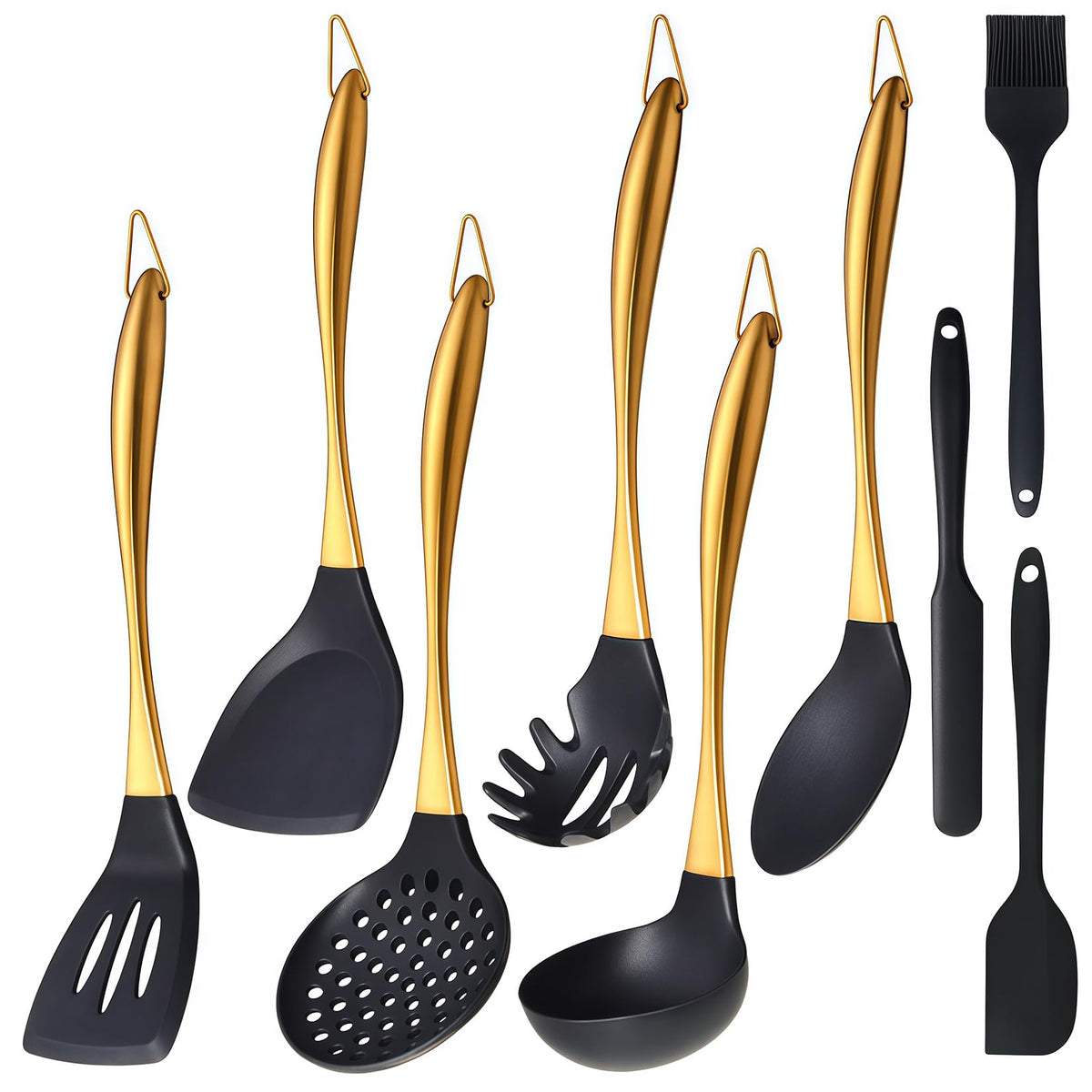 Silicone Cooking Utensils Set, 9Pcs Kitchen Utensil Set with Stainless Steel Handle, Heat-Resistant Silicone Utensils for Cooking, Non-Stick Spatula Set with Spoons, Turners, Ladle (Gold)