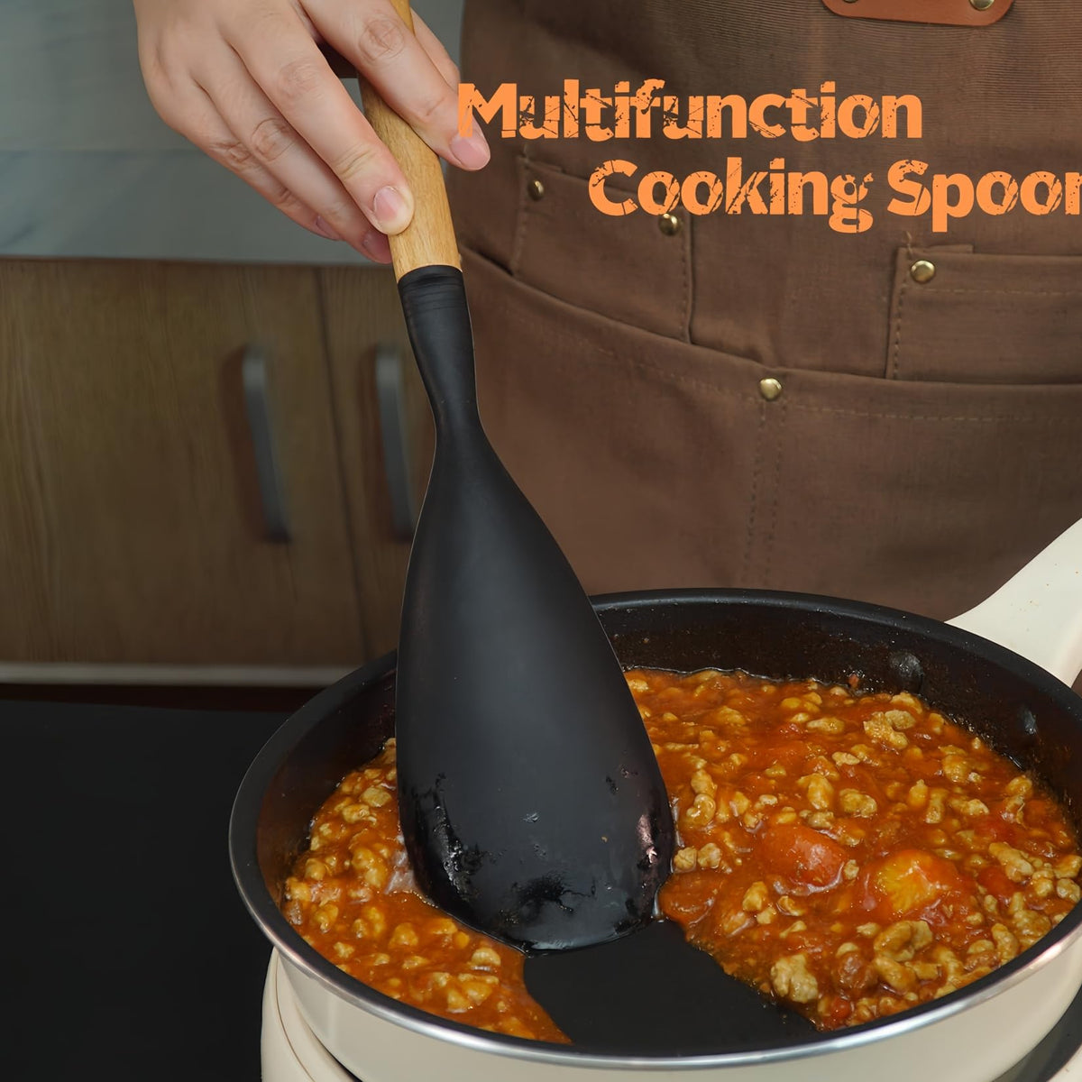 Silicone Cooking Spoon and Pasta Fork Set, 2 Pack Large Spatula Spoons Set with Wooden Handle, Nonstick Multifunction Spoon for Cooking, Serving, Mixing and Spaghetti (Black)
