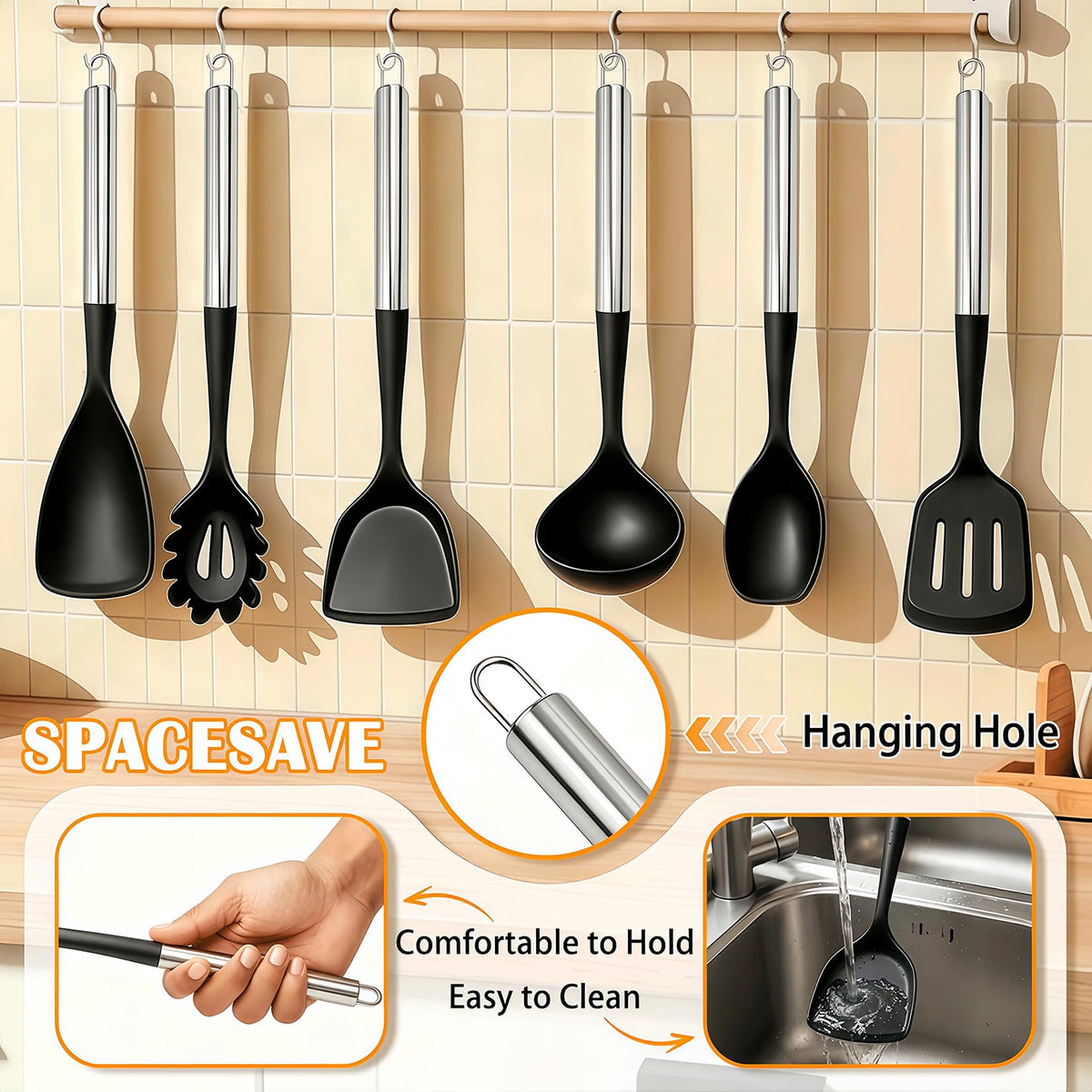 Large Silicone Kitchen Utensils Set, 6 PCS Nonstick Cooking Utensils Set with Stainless Steel Handle, Heat Resistant Silicone Utensil Spatula Set for Cooking with Turner, Spoon and Ladle(Black/Silver)