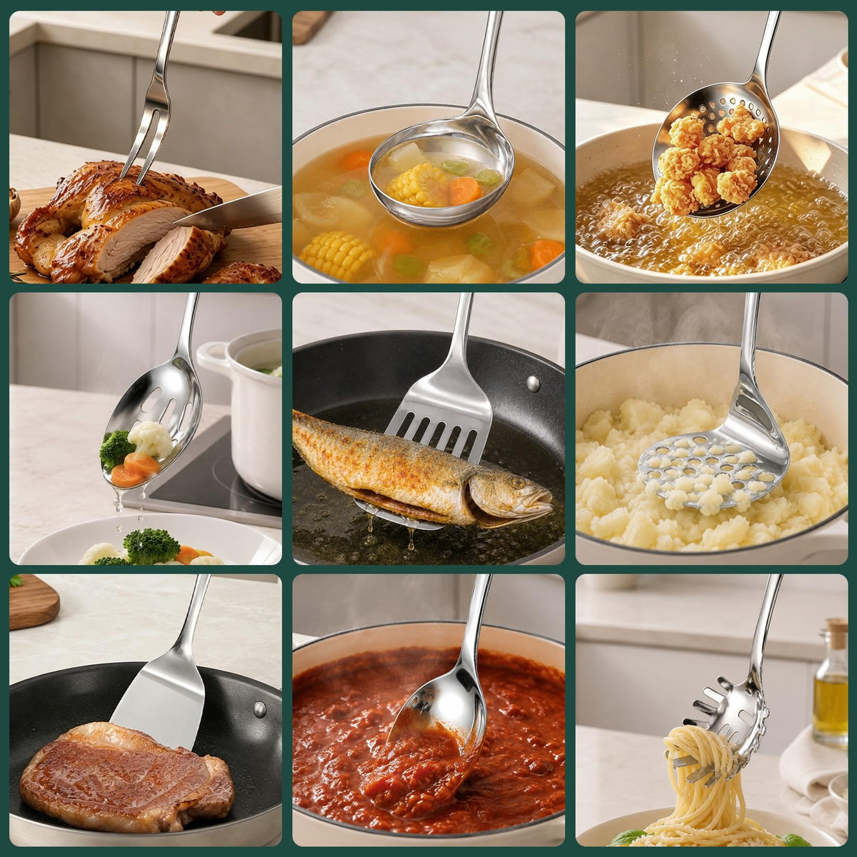 9PCS Stainless Steel Cooking Utensils Set, Large Metal Kitchen Utensils Set with Thickened Edge, Heat Resistant Spatula Turners Set with Ladle, Turners, Spoons, Skimmer