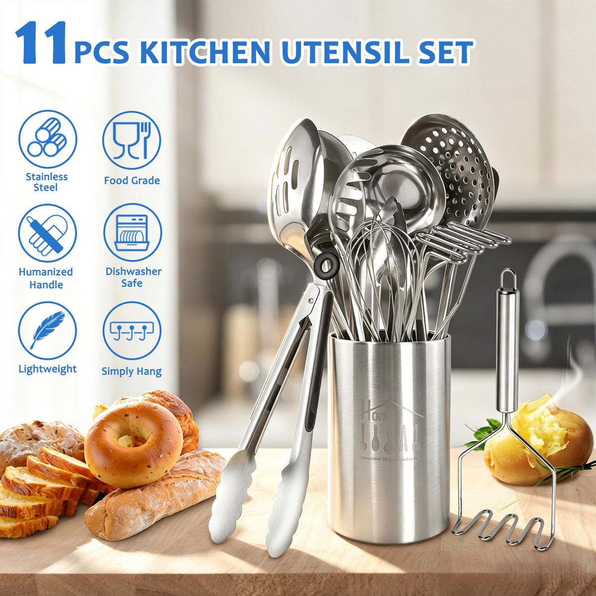 Cooking Utensils Set 11pcs - Stainless Steel Kitchen Utensils Set with Holder, Heat Resistant Kitchen Utensils Sets for Cooking with Turners, Potato Masher, Skimmer, Spoons, Ladle, Tongs, Whisk