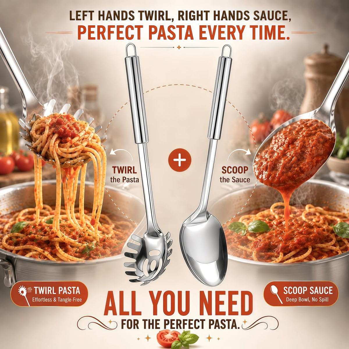 Large Cooking Spoon and Pasta Fork Set, 2 Pack Stainless Steel Serving Spoon, Heat Resistant Kitchen Noodle Spoon for Cooking, Serving, Mixing and Spaghett