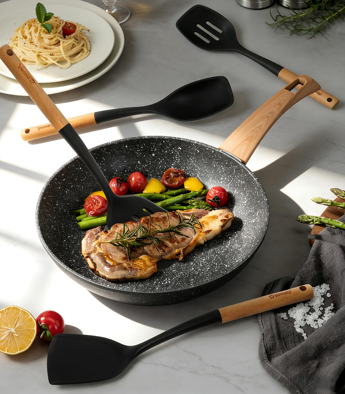 4PCS Silicone Cooking Utensils Set, Large Nonstick Spatula Spoons Set with Wooden Handle, Silicone Cooking Spatula Set, Heat Resistant Solid and Slotted Turners, Serving Spoon(Black)