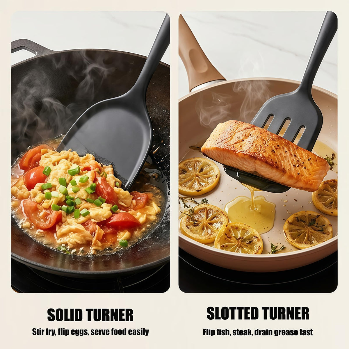 4PCS Silicone Spatula Spoon Set, Large Silicone Cooking Utensils Set with Stainless Steel Handle, Heat Resistant Cooking Spatula Set, Nonstick Solid and Slotted Turners, Serving Spoon (Black Silver)